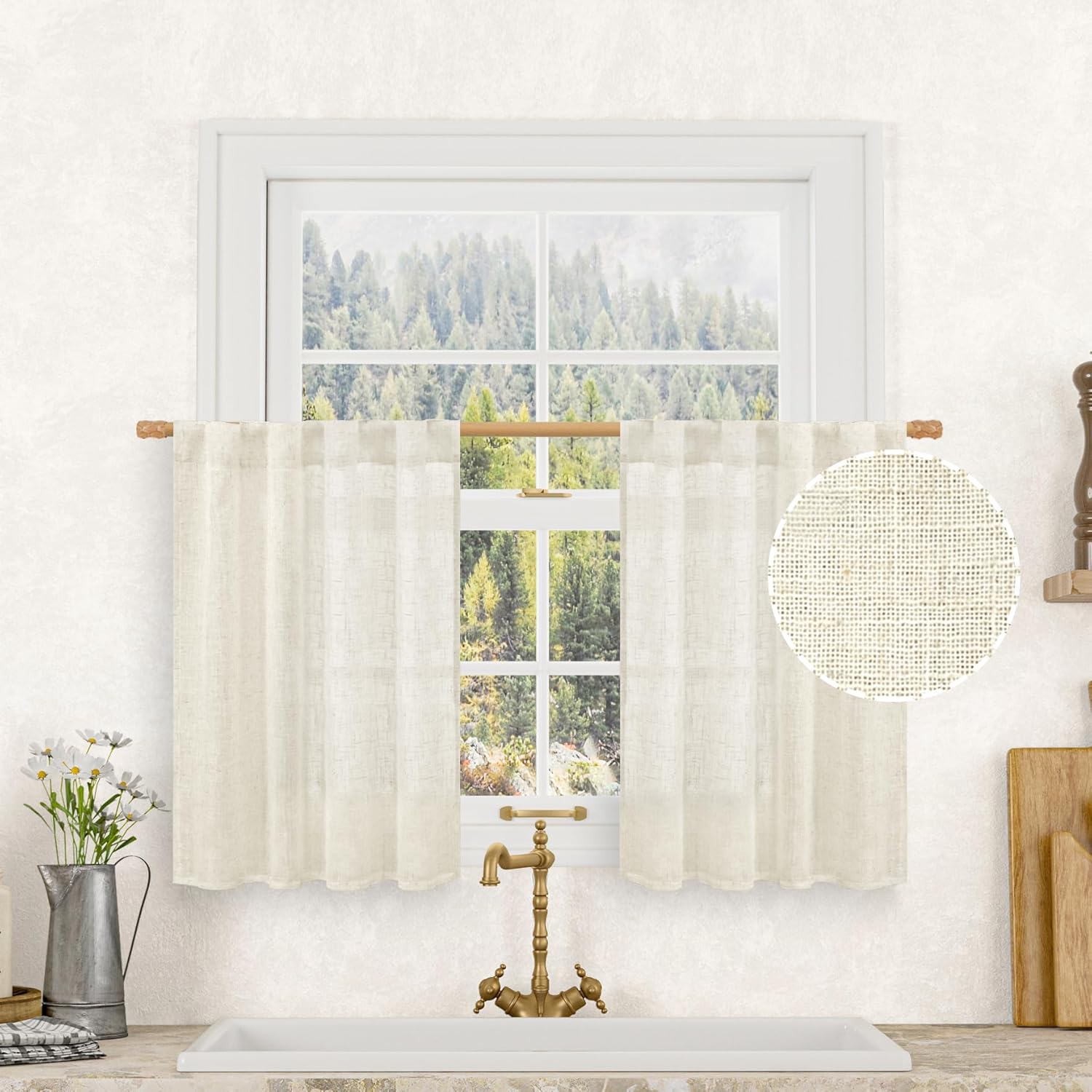 Linen Roller Blind - قطعتان من ستائر المطبخ القصيرة من